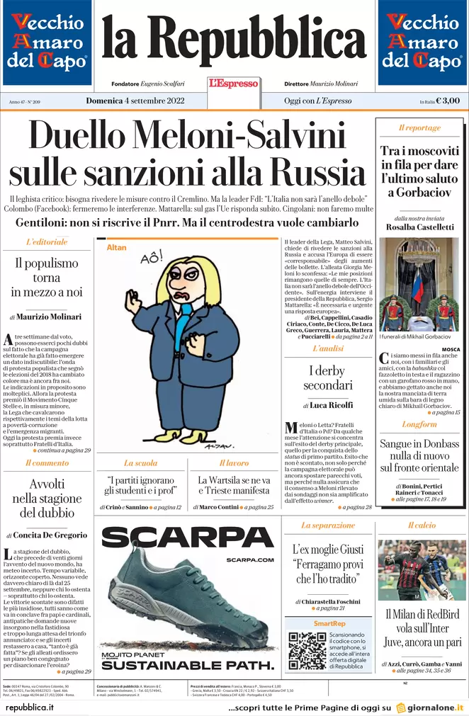 Prime pagine giornali 4 settembre 2022. Gas, bolletta monstre da 100 miliardi