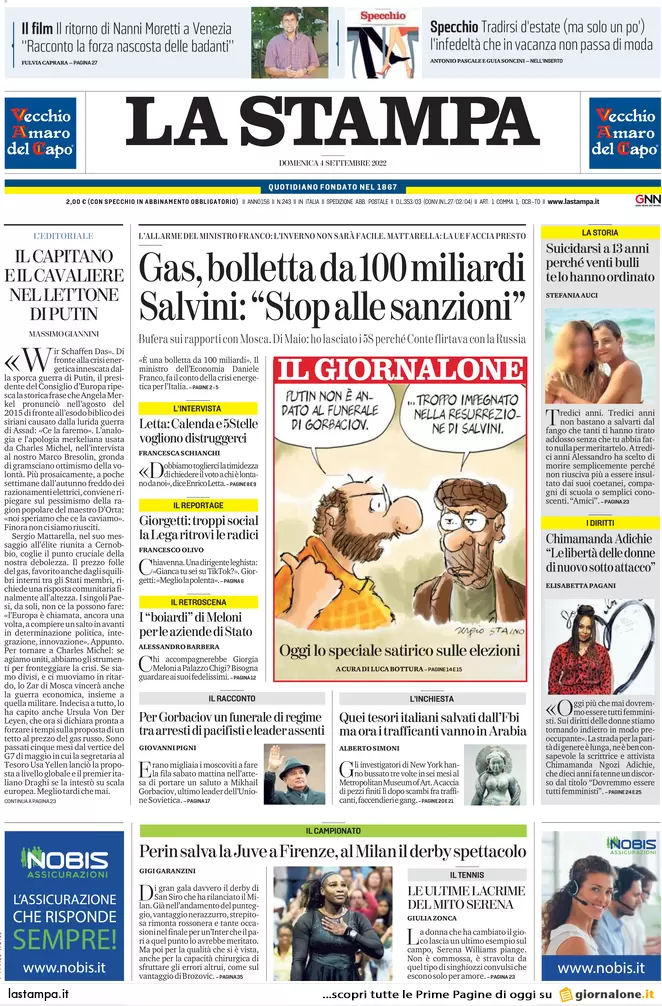 Prime pagine giornali 4 settembre 2022. Gas, bolletta monstre da 100 miliardi