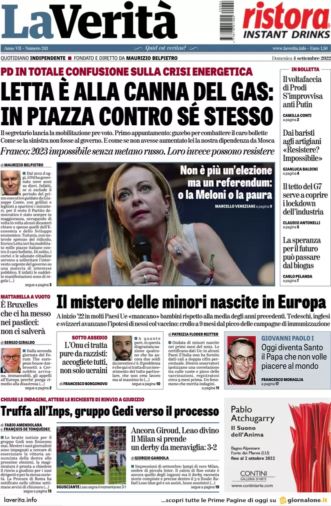 Prime pagine giornali 4 settembre 2022. Gas, bolletta monstre da 100 miliardi