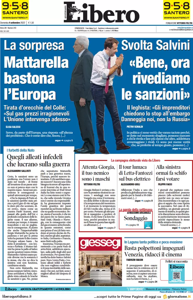 Prime pagine giornali 4 settembre 2022. Gas, bolletta monstre da 100 miliardi