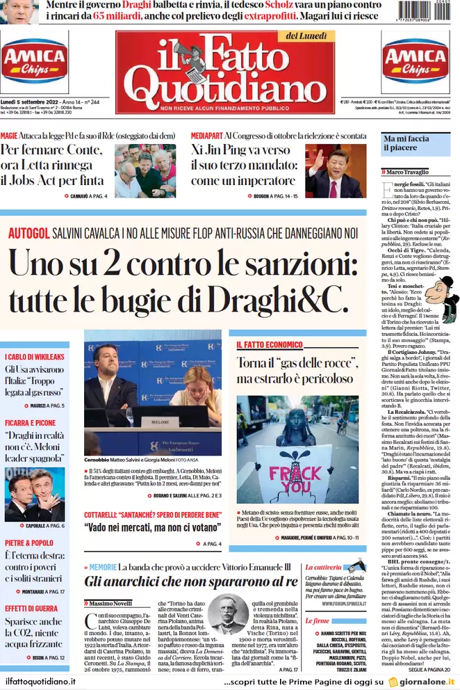 Prime pagine giornali 5 settembre 2022. Russia, Salvini resta solo: scintille Prime pagine giornali 5 settembre 2022. Russia, Salvini resta solo: scintille