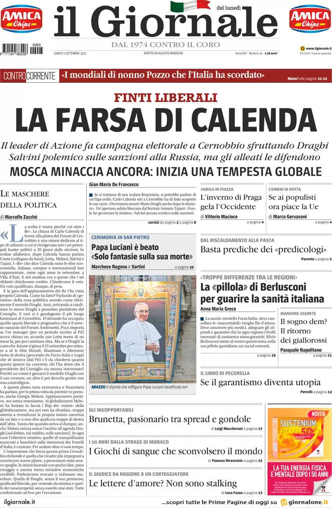 Prime pagine giornali 5 settembre 2022. Russia, Salvini resta solo: scintille Prime pagine giornali 5 settembre 2022. Russia, Salvini resta solo: scintille