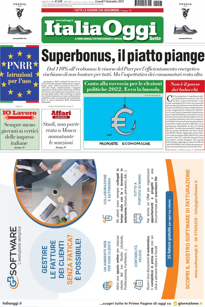 Prime pagine giornali economici 5 settembre. Superbonus, il piatto piange
