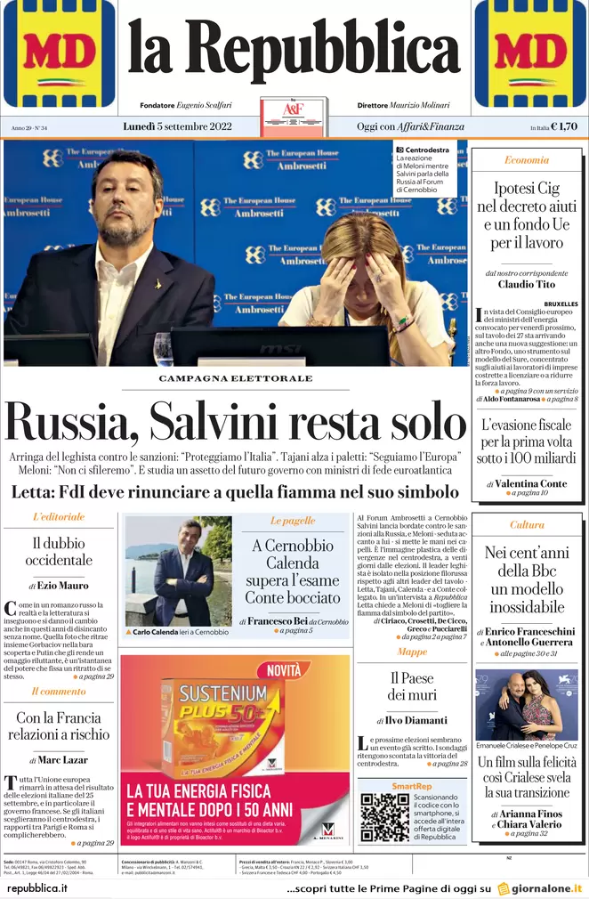 Prime pagine giornali 5 settembre 2022. Russia, Salvini resta solo: scintille Prime pagine giornali 5 settembre 2022. Russia, Salvini resta solo: scintille