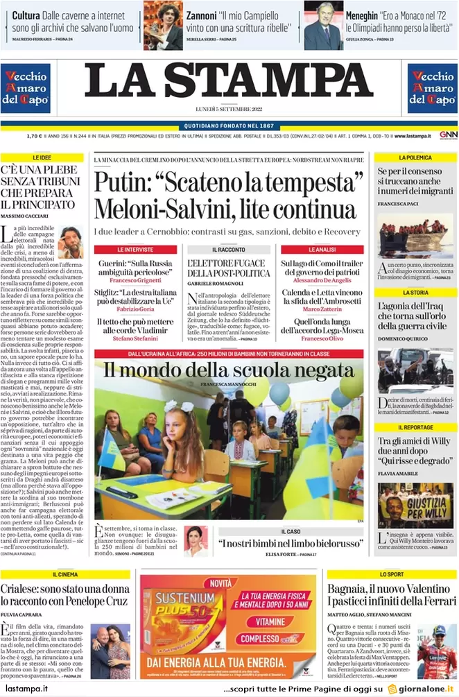 Prime pagine giornali 5 settembre 2022. Russia, Salvini resta solo: scintille Prime pagine giornali 5 settembre 2022. Russia, Salvini resta solo: scintille