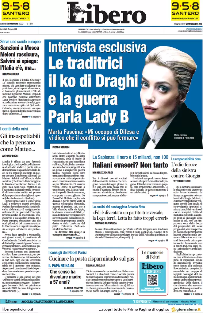 Prime pagine giornali 5 settembre 2022. Russia, Salvini resta solo: scintille Prime pagine giornali 5 settembre 2022. Russia, Salvini resta solo: scintille
