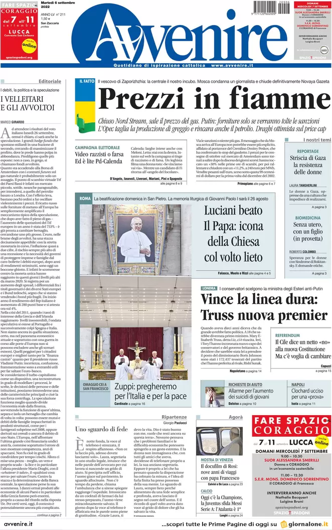 Prime pagine giornali 6 settembre 2022. Gas, Putin ci ha fregati: il ricatto