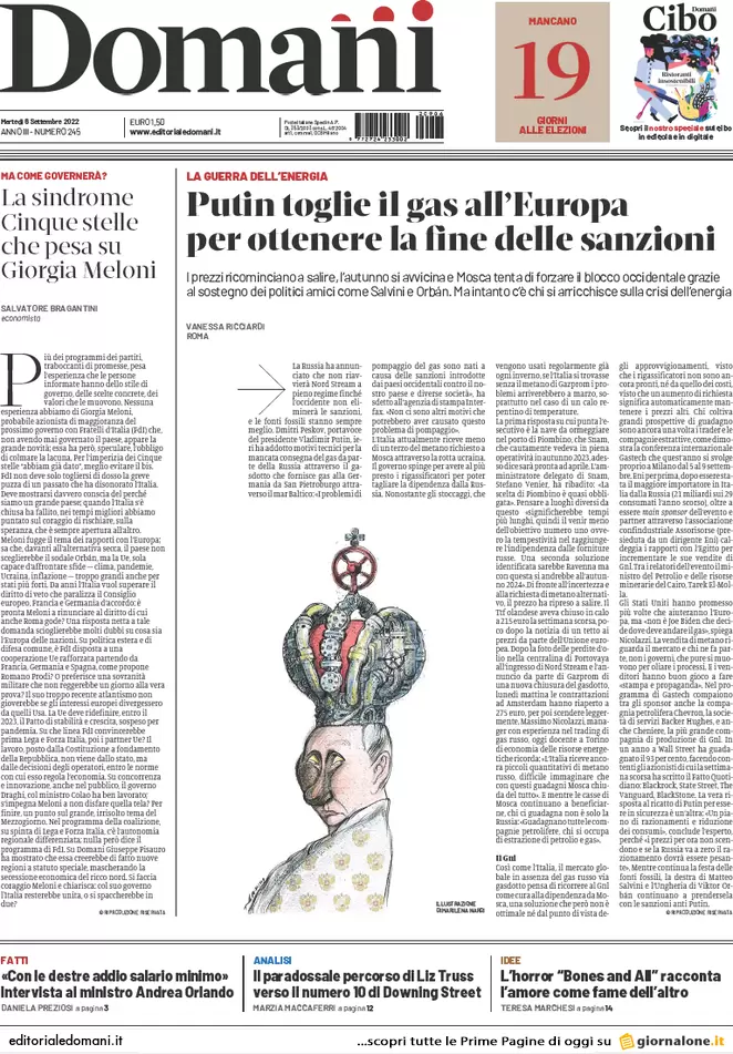 Prime pagine giornali 6 settembre 2022. Gas, Putin ci ha fregati: il ricatto