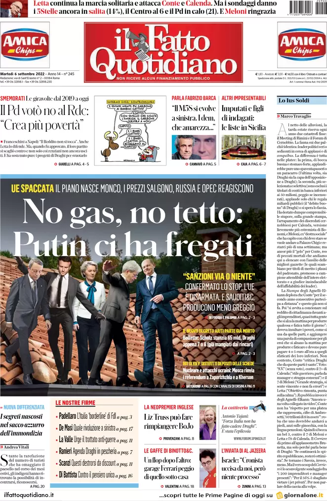 Prime pagine giornali 6 settembre 2022. Gas, Putin ci ha fregati: il ricatto