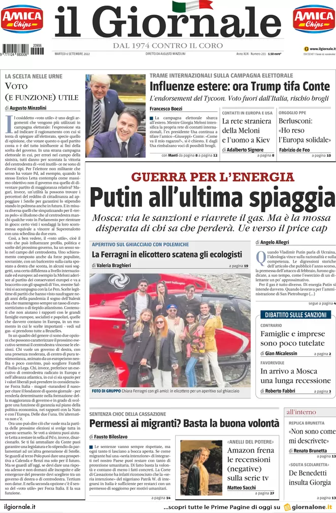 Prime pagine giornali 6 settembre 2022. Gas, Putin ci ha fregati: il ricatto