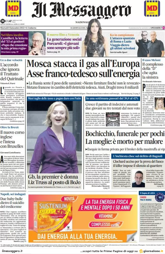 Prime pagine giornali 6 settembre 2022. Gas, Putin ci ha fregati: il ricatto