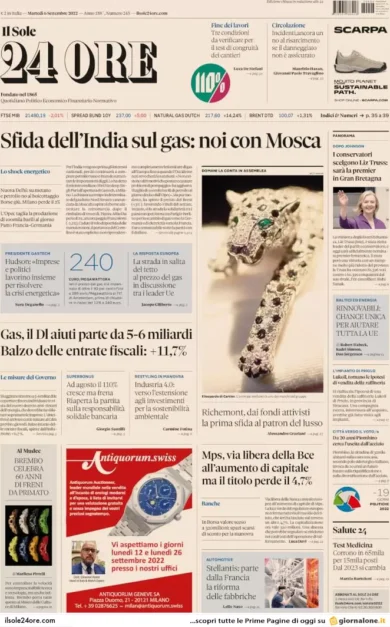 Prime pagine giornali economici 6 settembre. Ue, la crisi del gas costa 450mld