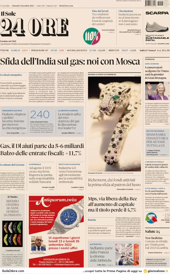Prime pagine giornali economici 6 settembre. Ue, la crisi del gas costa 450mld Prime pagine giornali economici 6 settembre. Ue, la crisi del gas costa 450mld