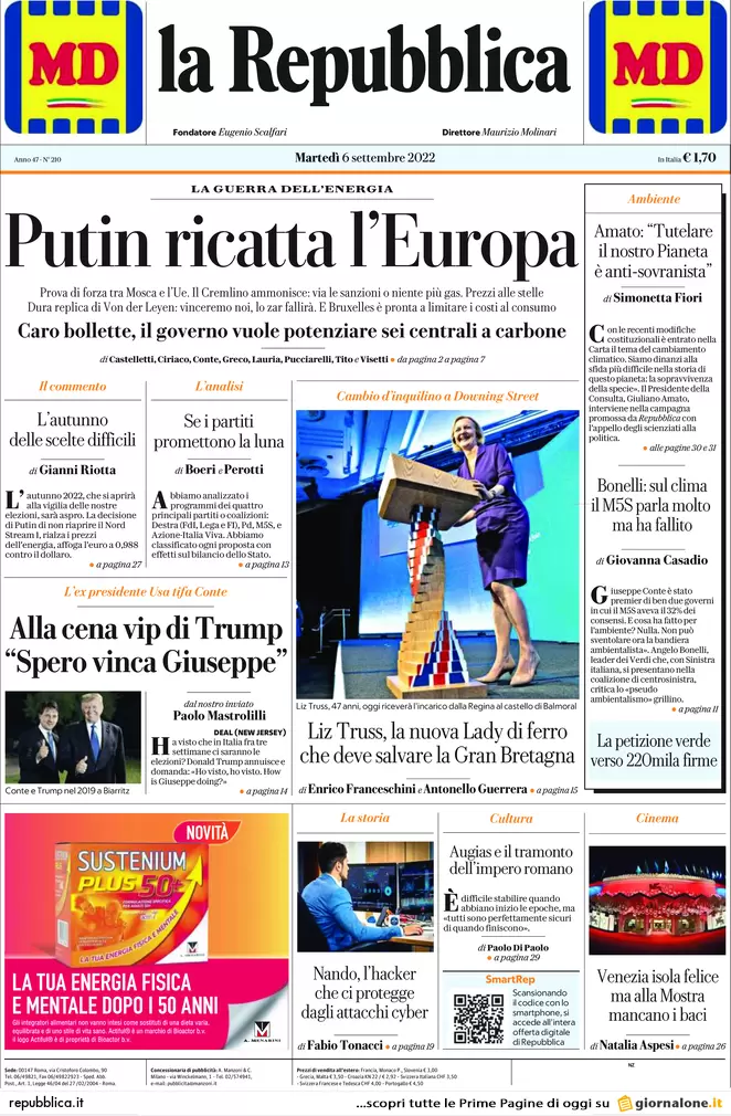 Prime pagine giornali 6 settembre 2022. Gas, Putin ci ha fregati: il ricatto