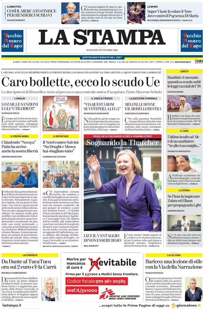 Prime pagine giornali 6 settembre 2022. Gas, Putin ci ha fregati: il ricatto