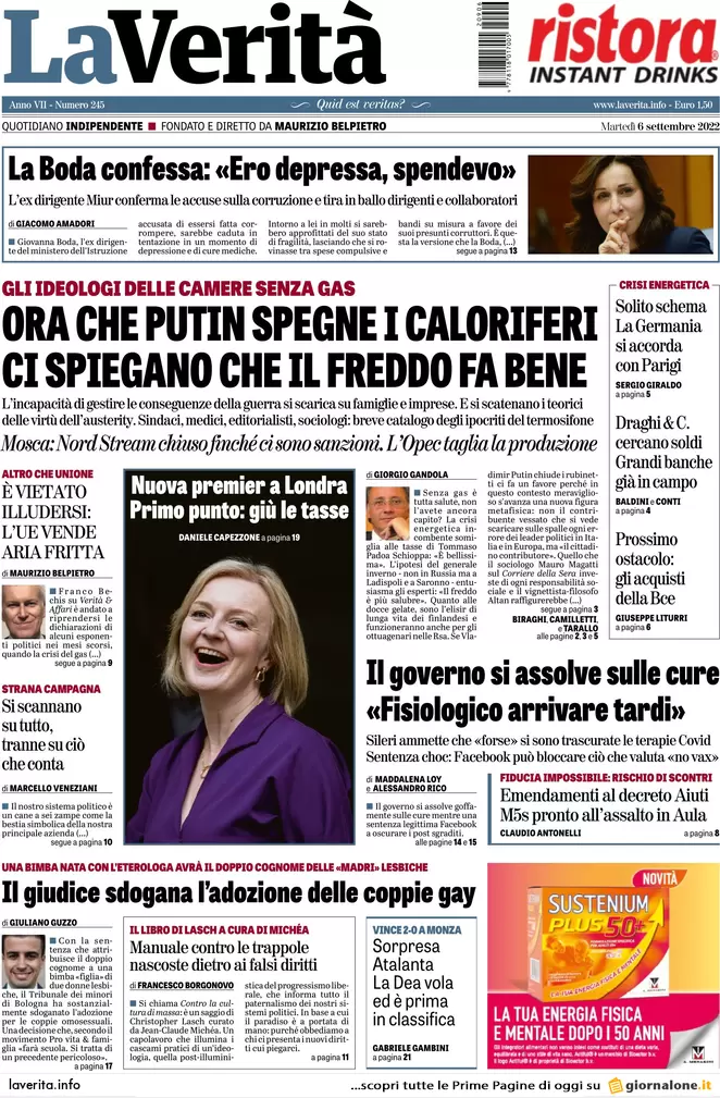 Prime pagine giornali 6 settembre 2022. Gas, Putin ci ha fregati: il ricatto