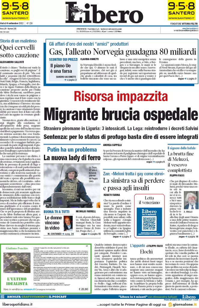 Prime pagine giornali 6 settembre 2022. Gas, Putin ci ha fregati: il ricatto