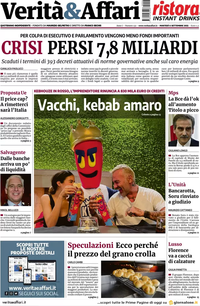 Prime pagine giornali economici 6 settembre. Ue, la crisi del gas costa 450mld