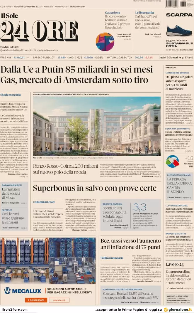 Prime pagine giornali 7 settembre 2022. Il piano Cingolani sul gas: congelate