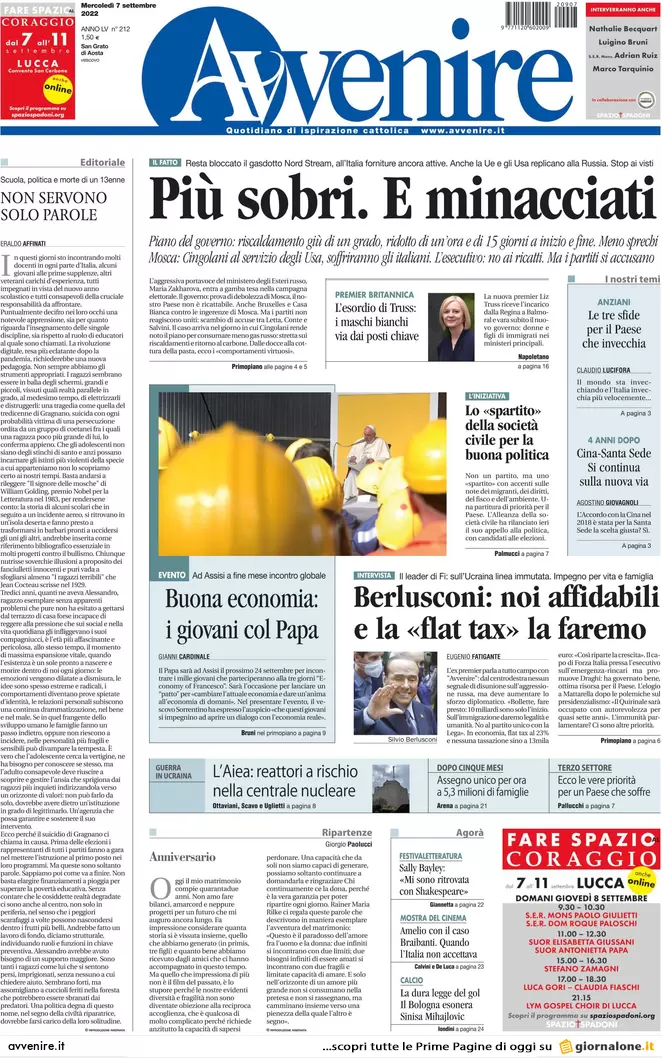Prime pagine giornali 7 settembre 2022. Il piano Cingolani sul gas: congelate