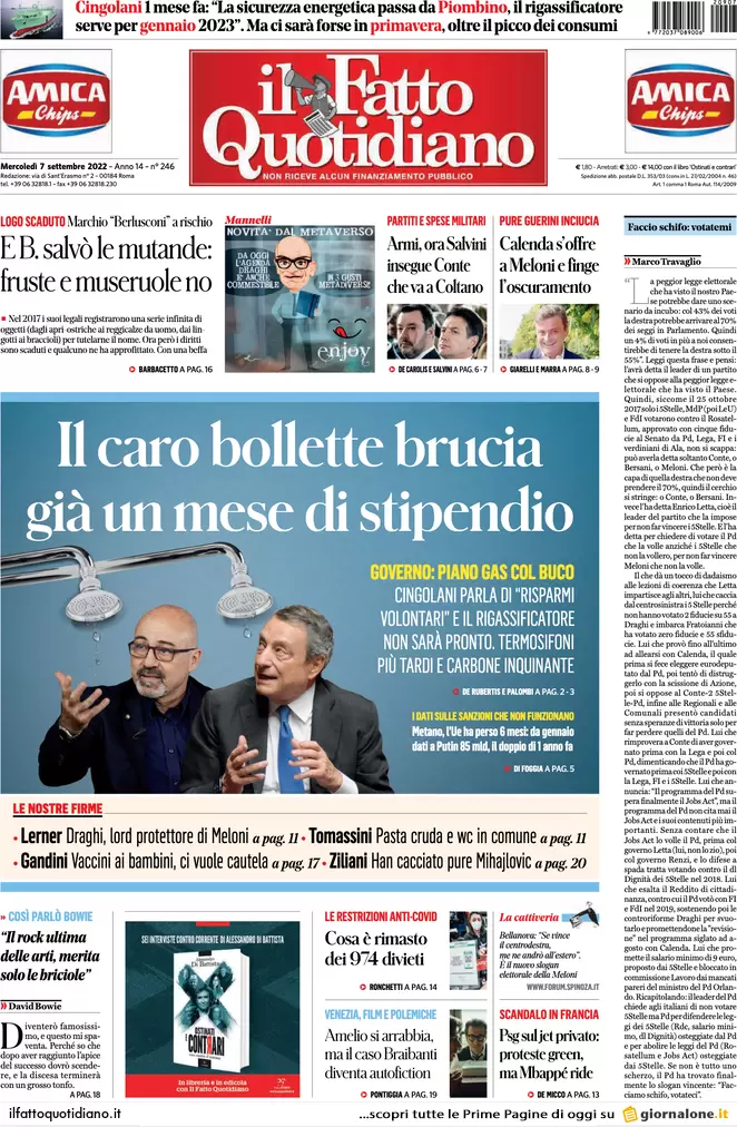 Prime pagine giornali 7 settembre 2022. Il piano Cingolani sul gas: congelate