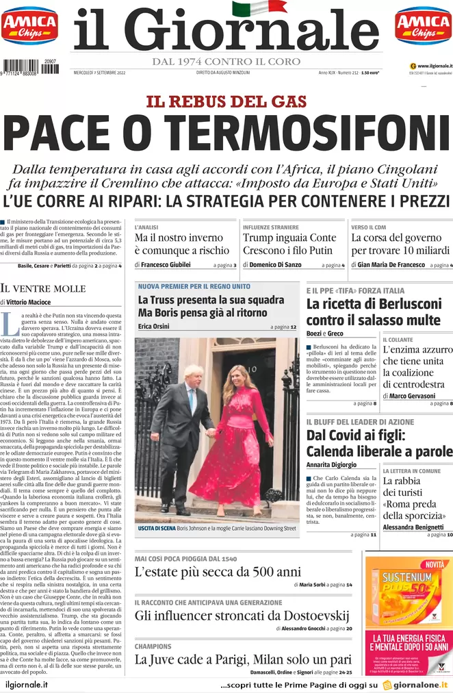 Prime pagine giornali 7 settembre 2022. Il piano Cingolani sul gas: congelate