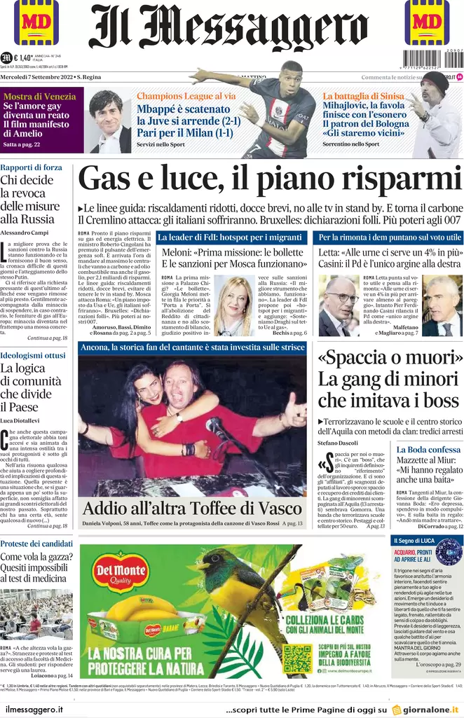 Prime pagine giornali 7 settembre 2022. Il piano Cingolani sul gas: congelate