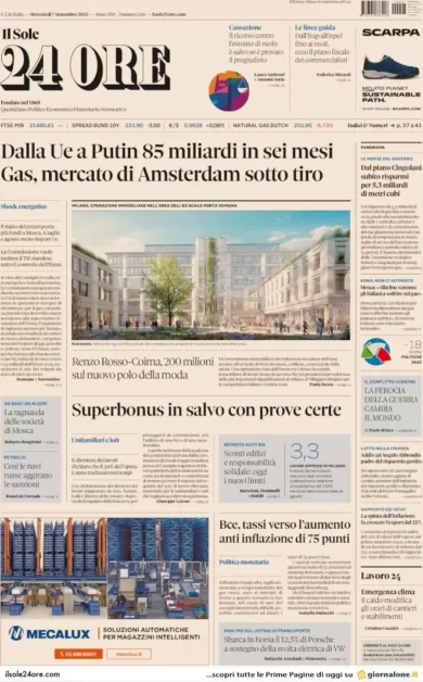 Prime pagine giornali economici 7 settembre. Dalla Ue a Putin 85 mld in 6 mesi