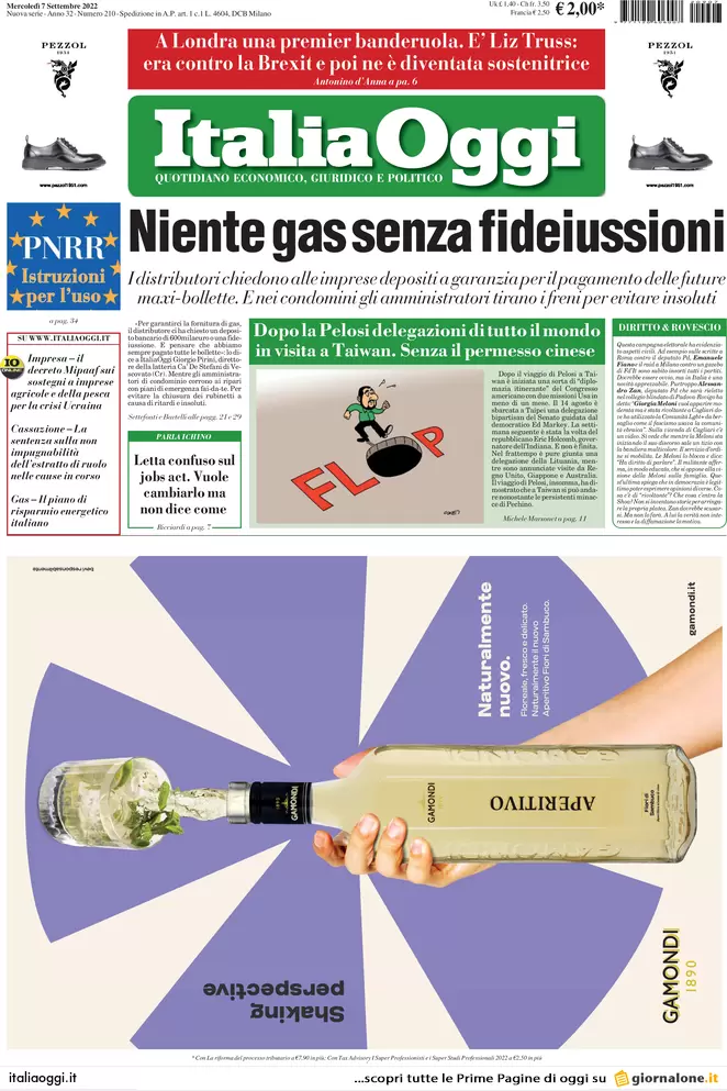 Prime pagine giornali economici 7 settembre. Dalla Ue a Putin 85 mld in 6 mesi