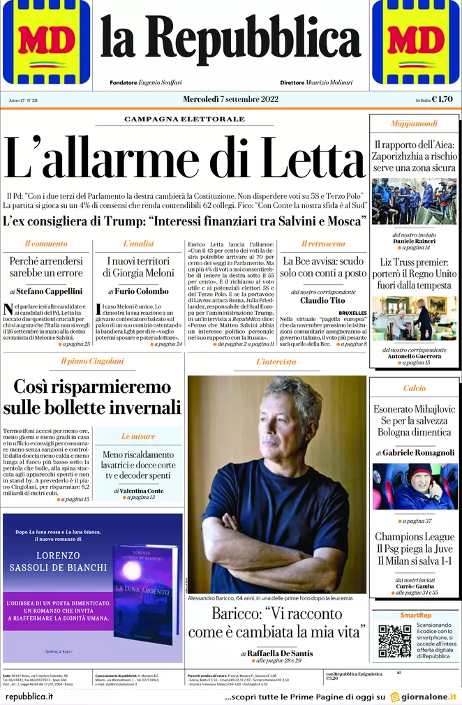 Prime pagine giornali 7 settembre 2022. Il piano Cingolani sul gas: congelate