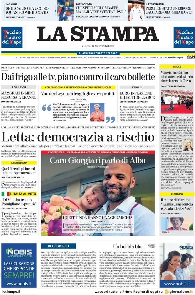 Prime pagine giornali 7 settembre 2022. Il piano Cingolani sul gas: congelate