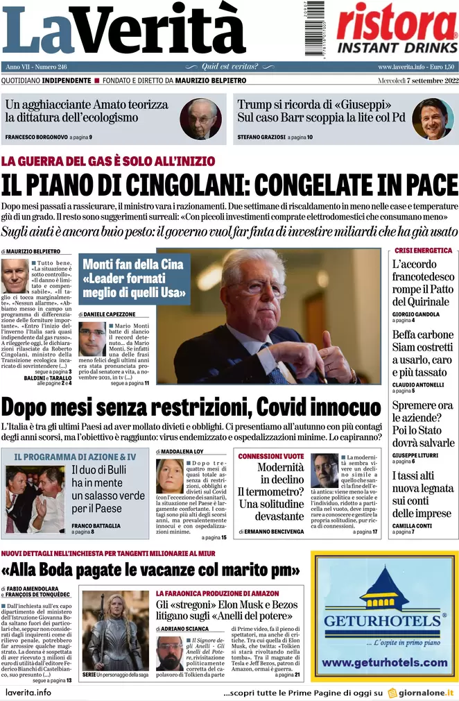 Prime pagine giornali 7 settembre 2022. Il piano Cingolani sul gas: congelate