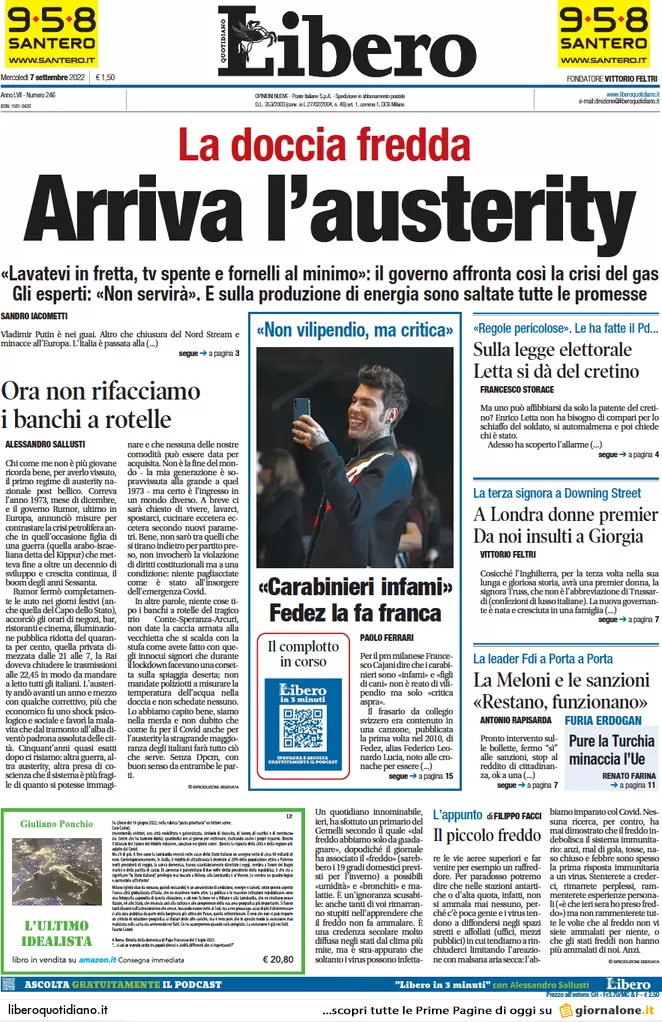 Prime pagine giornali 7 settembre 2022. Il piano Cingolani sul gas: congelate