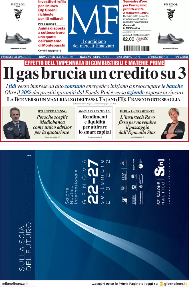 Prime pagine giornali economici 7 settembre. Dalla Ue a Putin 85 mld in 6 mesi