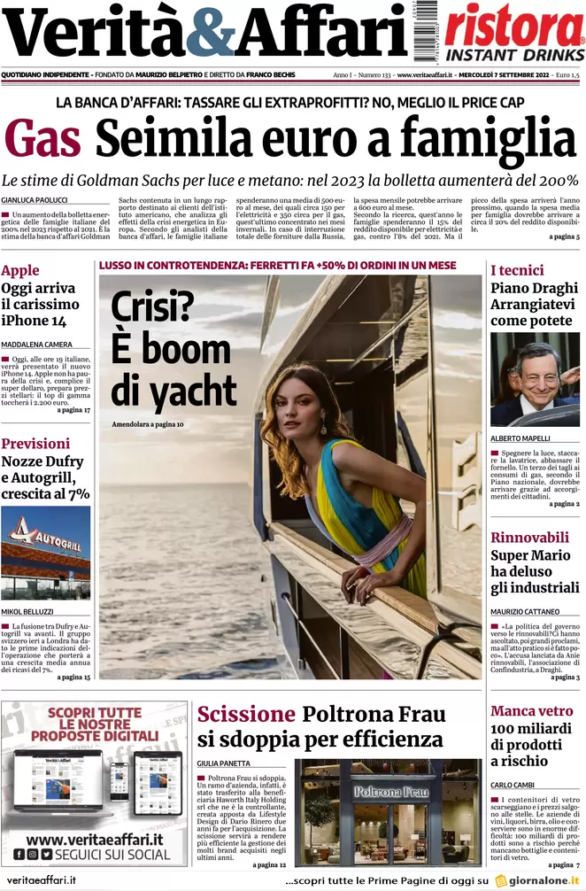 Prime pagine giornali economici 7 settembre. Dalla Ue a Putin 85 mld in 6 mesi