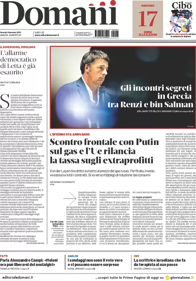 Prime pagine giornali 8 settembre 2022. Letta: “Vogliono cacciare Mattarella”