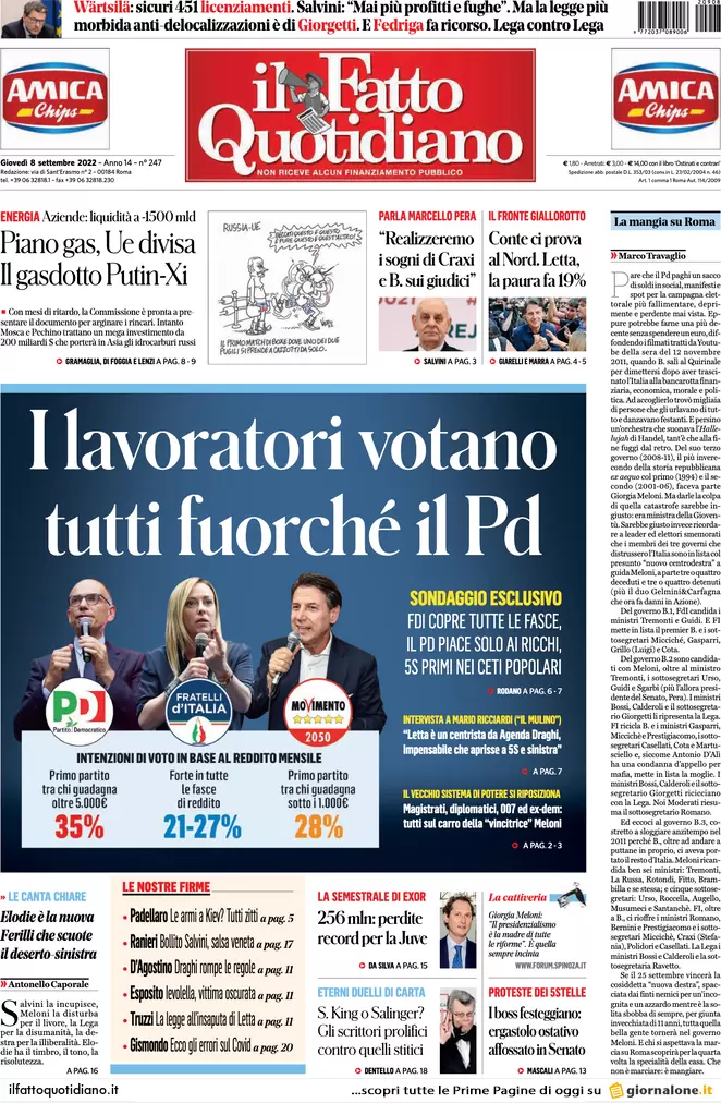 Prime pagine giornali 8 settembre 2022. Letta: “Vogliono cacciare Mattarella”