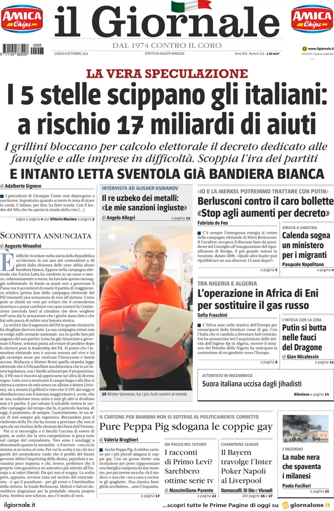 Prime pagine giornali 8 settembre 2022. Letta: “Vogliono cacciare Mattarella”