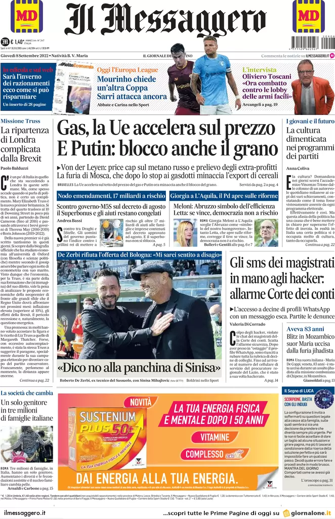 Prime pagine giornali 8 settembre 2022. Letta: “Vogliono cacciare Mattarella”