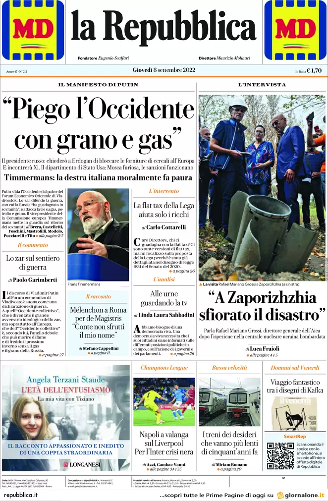 Prime pagine giornali 8 settembre 2022. Letta: “Vogliono cacciare Mattarella”