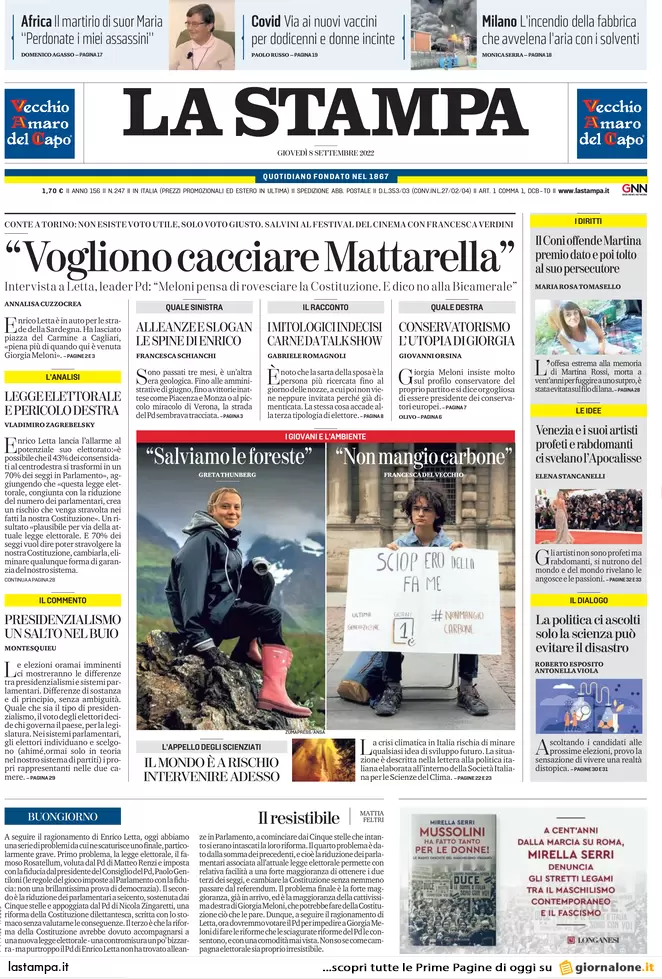 Prime pagine giornali 8 settembre 2022. Letta: “Vogliono cacciare Mattarella”