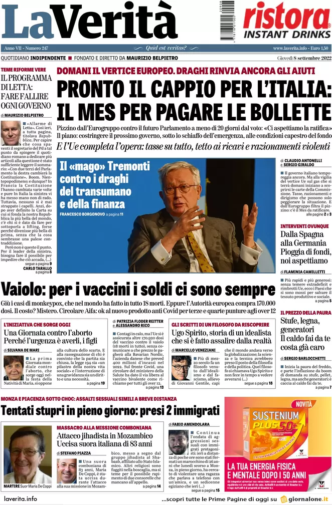 Prime pagine giornali 8 settembre 2022. Letta: “Vogliono cacciare Mattarella”