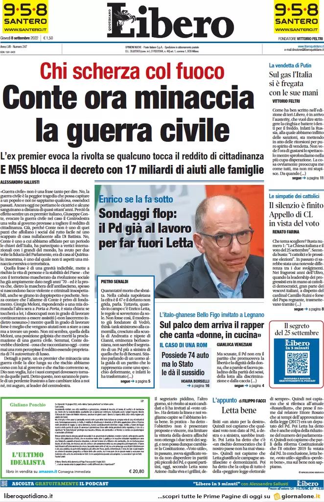 Prime pagine giornali 8 settembre 2022. Letta: “Vogliono cacciare Mattarella”