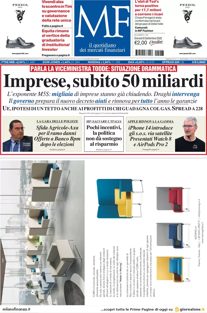 Prime pagine giornali economici 8 settembre. Gas, la bufala dello stoccaggio