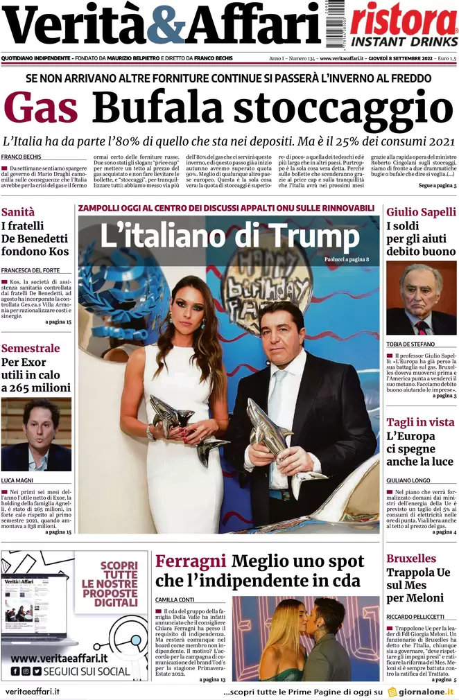 Prime pagine giornali economici 8 settembre. Gas, la bufala dello stoccaggio