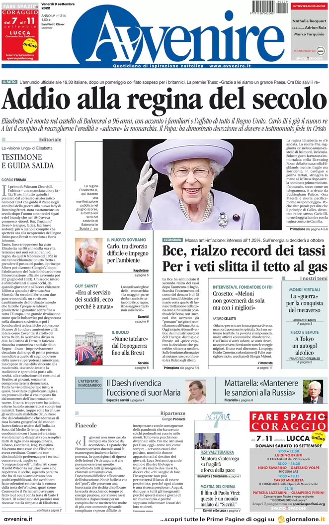 Prime pagine giornali 9 settembre 2022. Aiuti: 6 mld per la crisi, 22 in armi