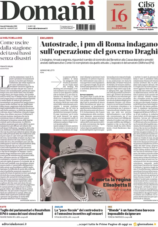 Prime pagine giornali 9 settembre 2022. Aiuti: 6 mld per la crisi, 22 in armi