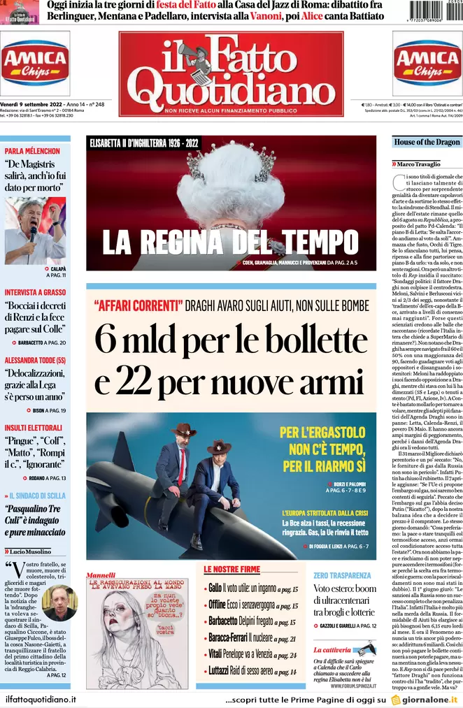 Prime pagine giornali 9 settembre 2022. Aiuti: 6 mld per la crisi, 22 in armi