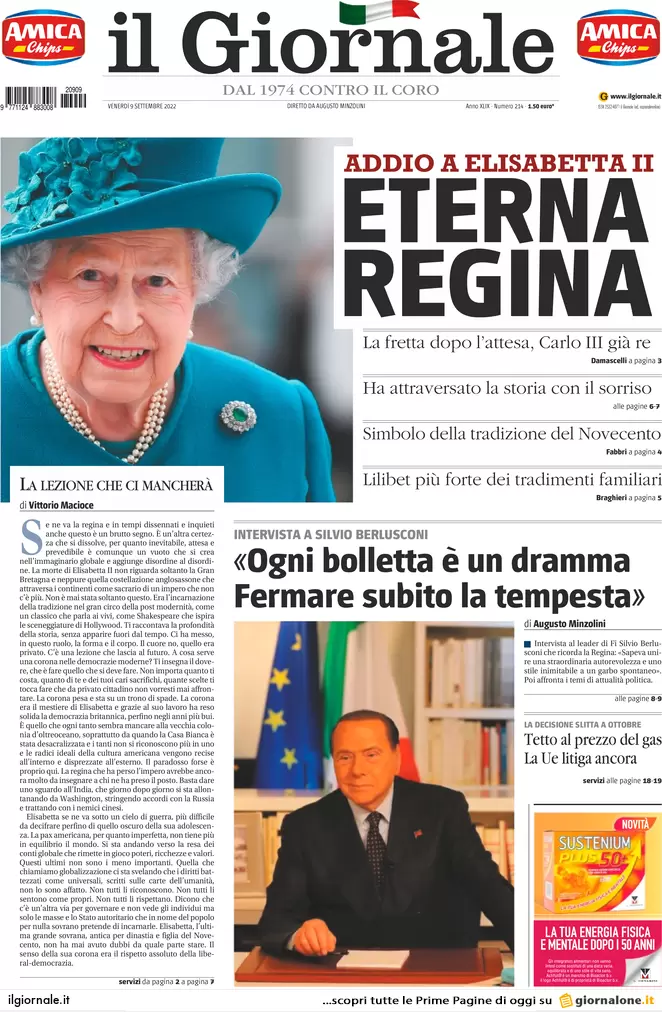 Prime pagine giornali 9 settembre 2022. Aiuti: 6 mld per la crisi, 22 in armi