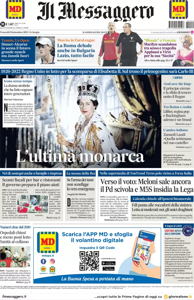 Prime pagine giornali 9 settembre 2022. Aiuti: 6 mld per la crisi, 22 in armi